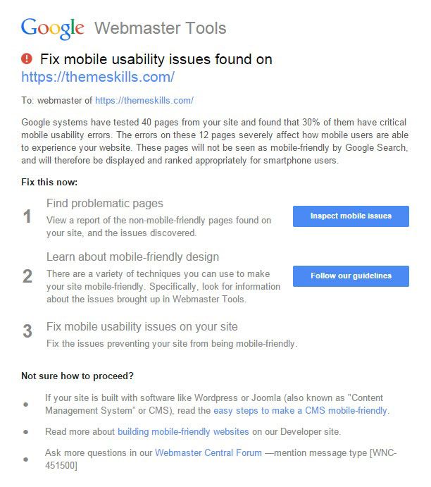 google webmaster tools mail about fixing mobile usability issues