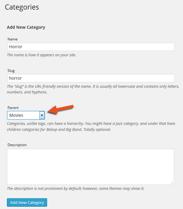 how to add subcategories in wordpress