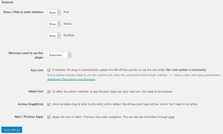 Post Order Type Plugin Settings