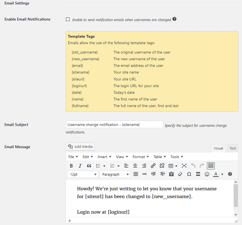 Username Changer plugins email settings