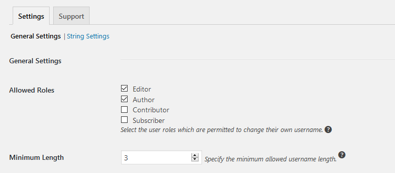 Username changer plugin settings