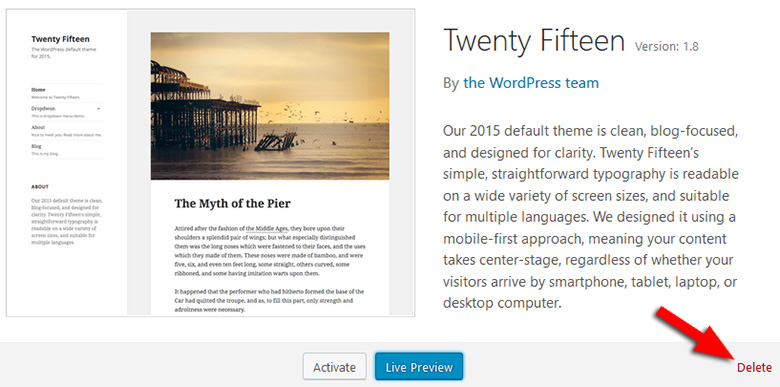 Delete WordPress theme via Dashboard