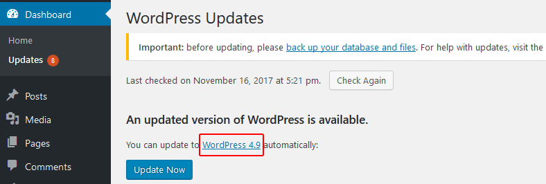 wordpress changelog link