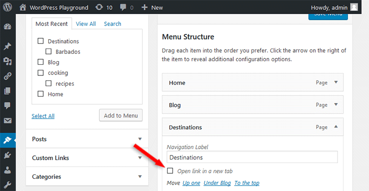 wordpress make menu item open in new tab