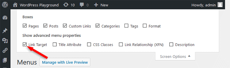 WordPress menu Link Target