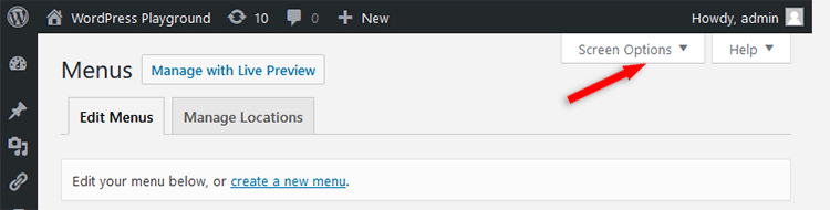 WordPress menu Screen Options