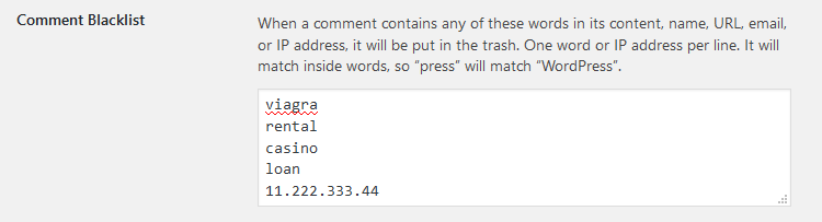 WordPress comment blacklist words