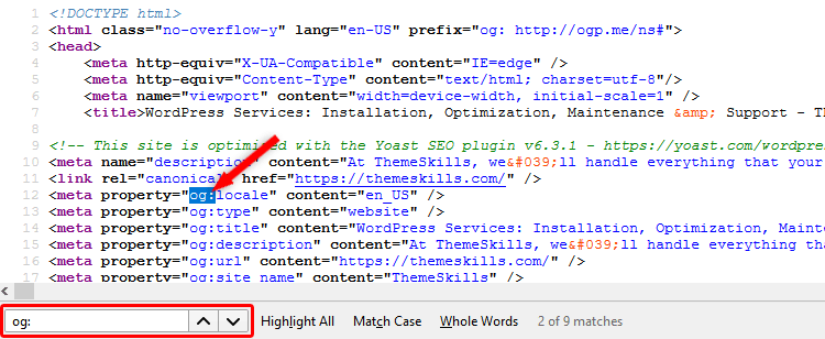 Open Graph code in page source