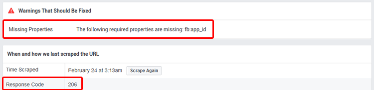 Facebook Debugger warnings and response code