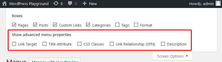 WordPress advanced menu properties