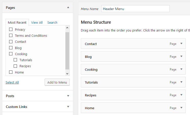 WordPress menu items