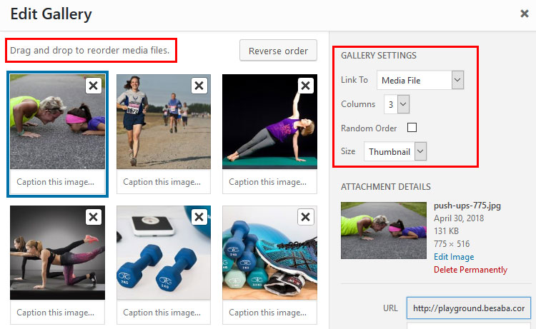 wordpress gallery settings