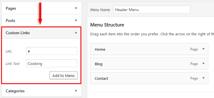 custom links menu wordpress