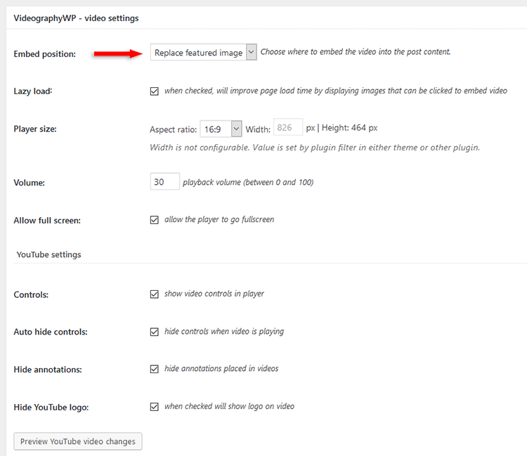 videographywp plugin youtube video settings