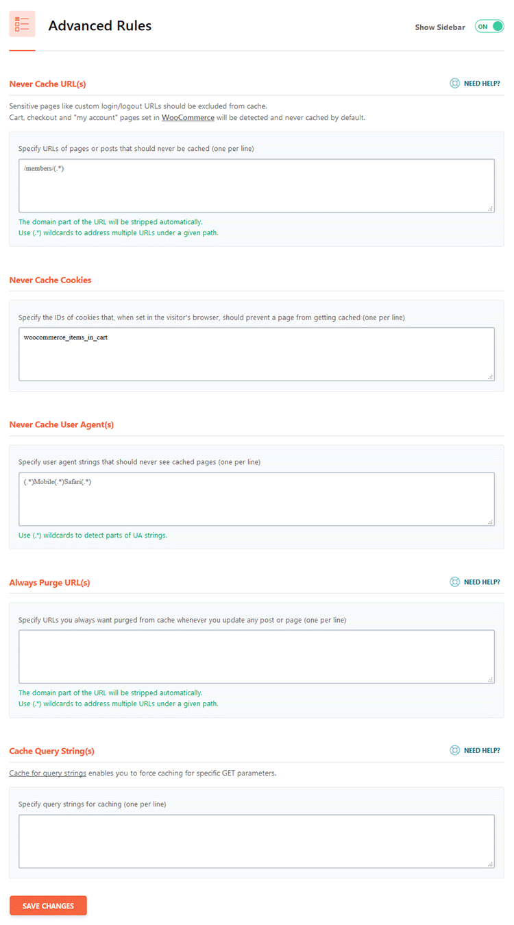 wp rocket advanced rules options