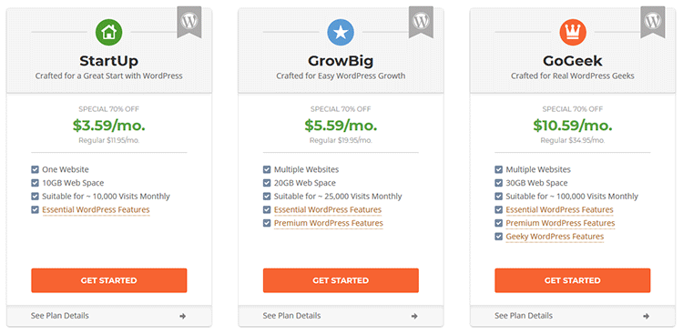 siteground wordpress hosting plans