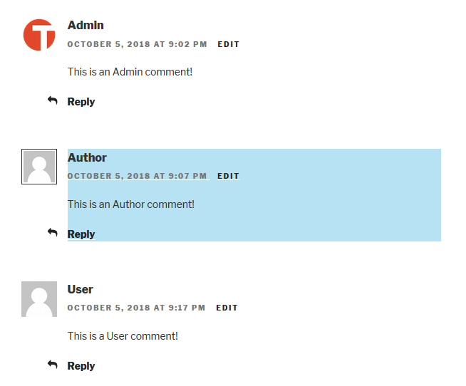 highlight author comments in wordpress with background