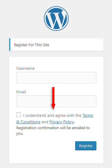 terms and privacy policy checkbox on the wordpress registration form