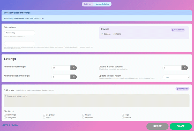 wp sticky sidebar settings