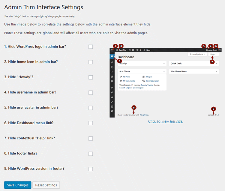 admin trim interface wordpress plugin settings