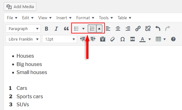 ordered and unordered list in wordpress
