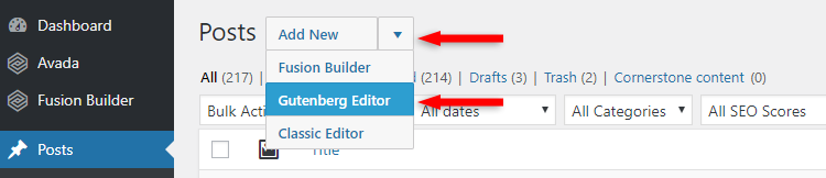 select the gutenberg editor in avada