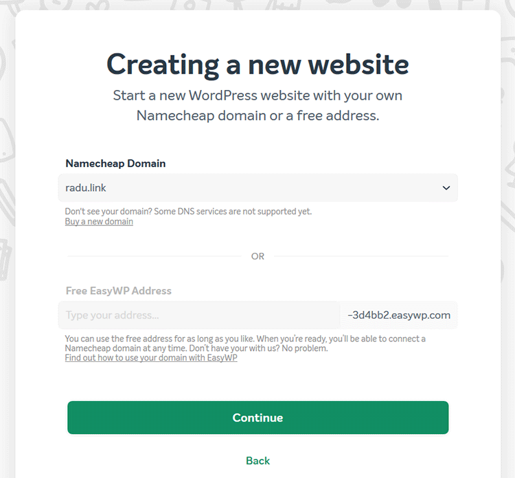 choose domain to install wordpress easywp hosting