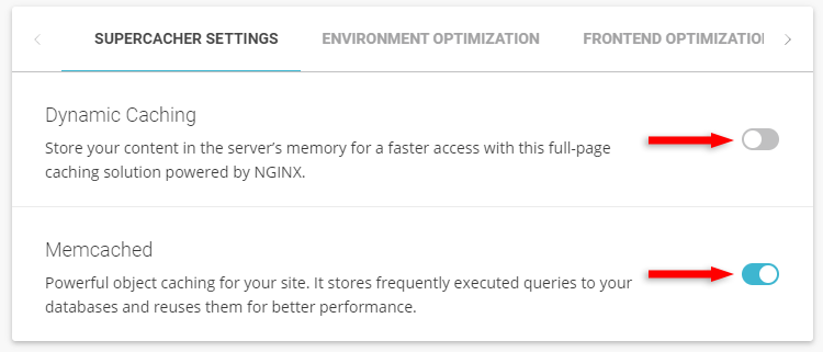 disable dynamic caching enable memcached sg optimizer