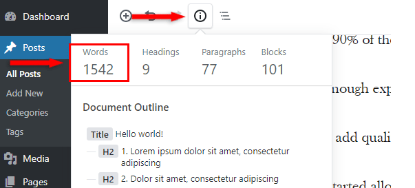 gutenberg editor word count