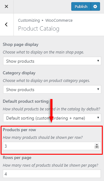 change the number of products per row woocommerce