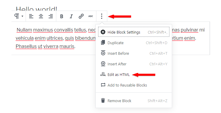 gutenberg edit as html