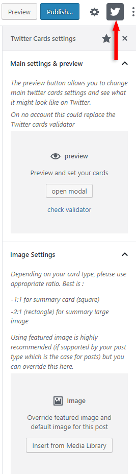 jm twitter cards plugin in gutenberg