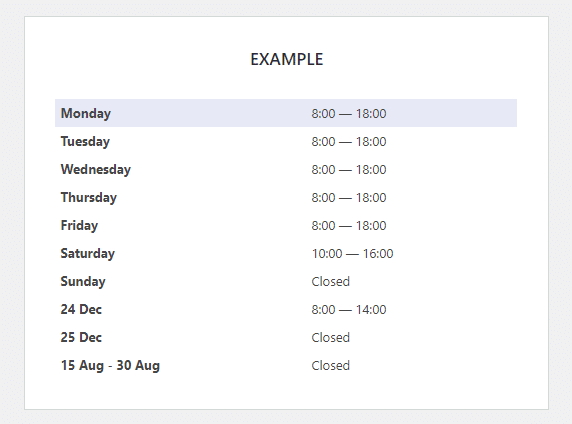 normal display business hours indicator table