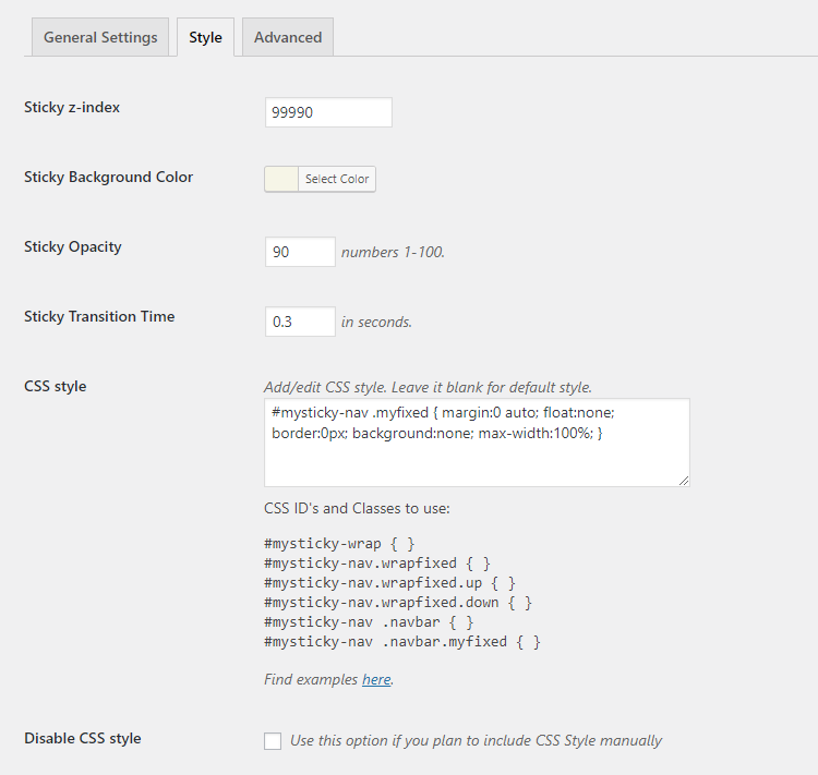 style settings mystickymenu plugin