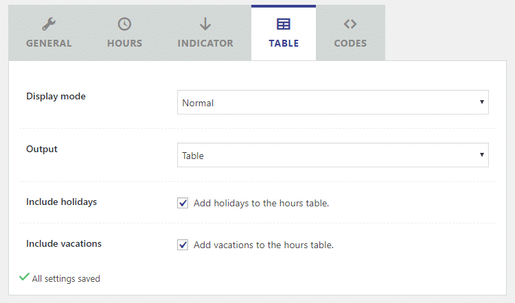 table settings business hours indicator plugin