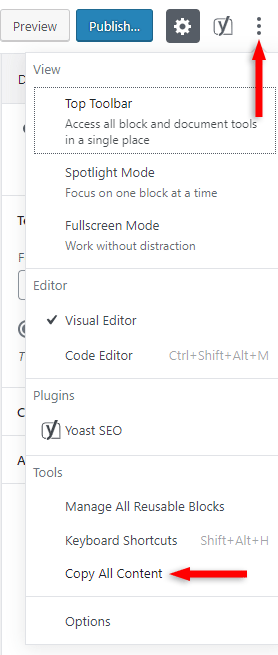 copy all content gutenberg wordpress editor