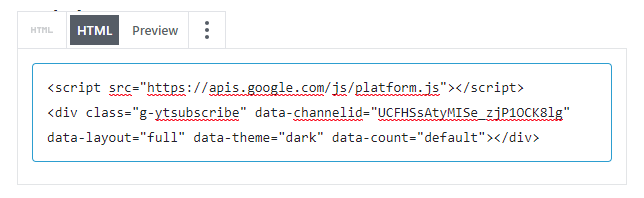 youtube subscription button code in gutenberg