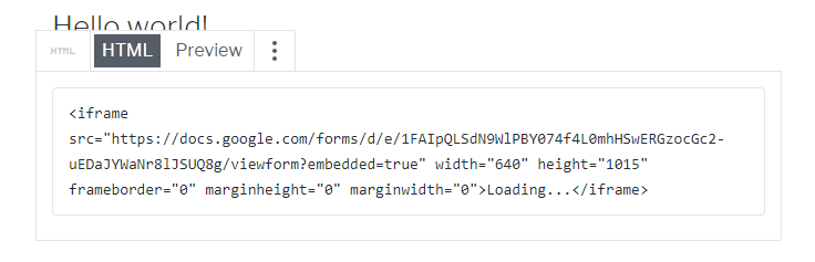 google forms embed code in custom html block