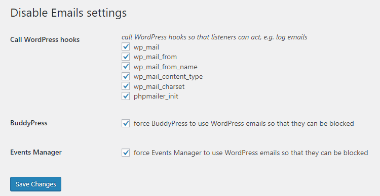 disable emails wordpress plugin settings