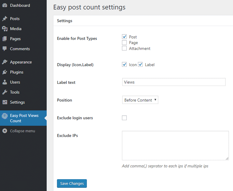 easy post count plugin settings