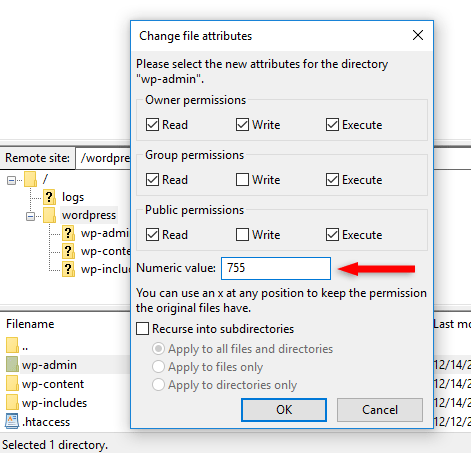755 folder wordpress folder permission filezilla