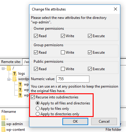 filezilla recurse file permissions