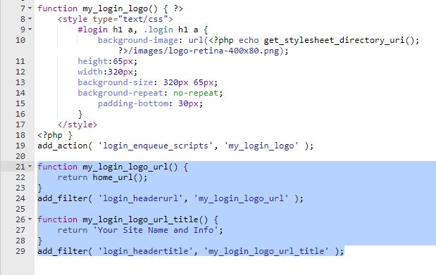 php code to change login logo url and title