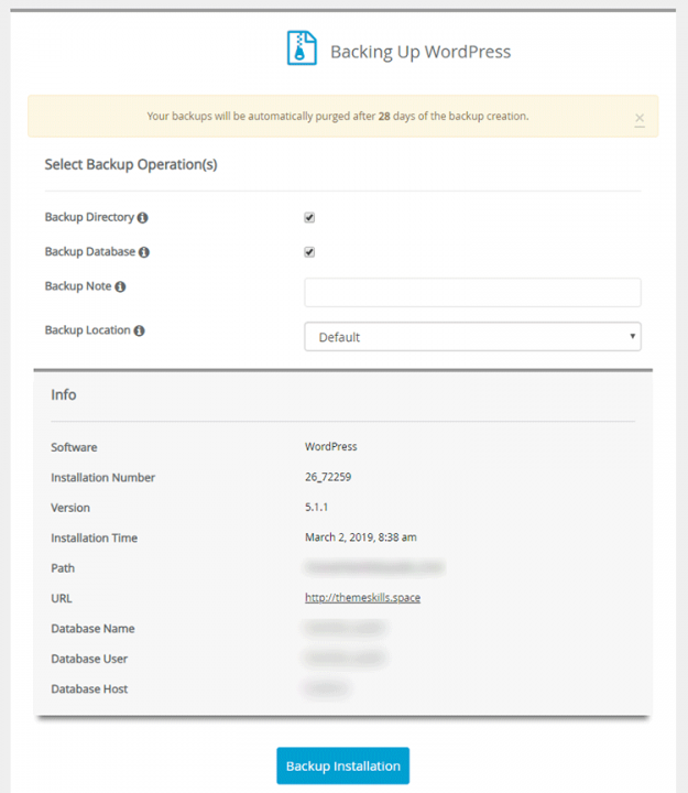 softaculous wordpress backup details