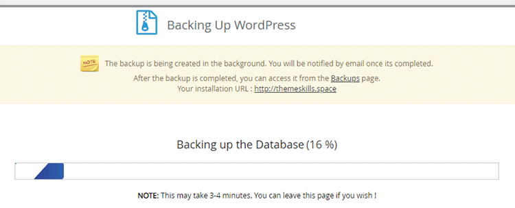 softaculous wordpress backup progress