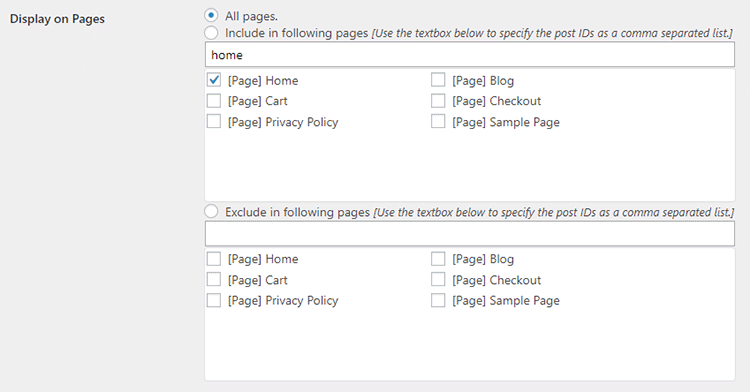 display on pages scroll top plugin settings