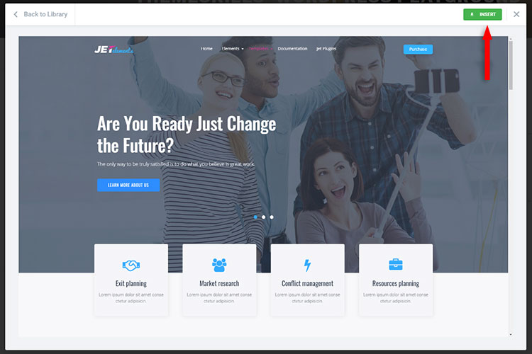 insert jetelements template in elementor