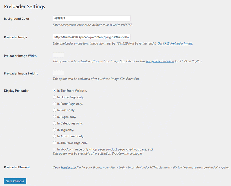 preloader wordpress plugin settings