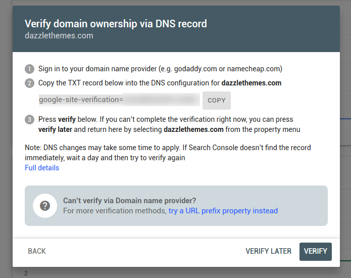 verify ownership with dns google search console