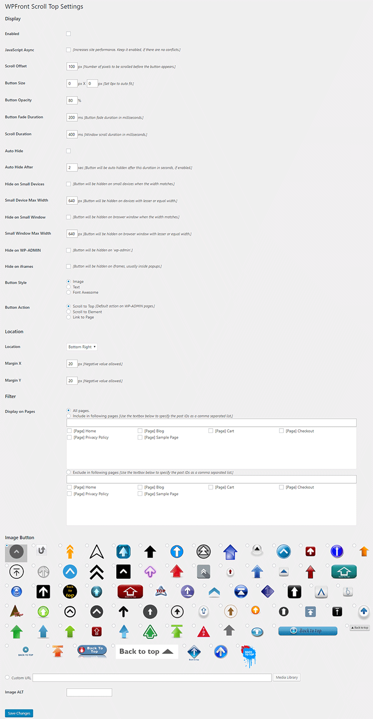 wpfront scroll top settings